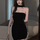 hoco dresses French Style Sexy off-Shoulder Gold Velvet Halter Dress Women's Autumn and Winter New Slim Slimming Sheath Skirt