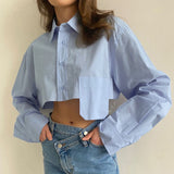 2024 fall fashion trends Asymmetric Stitching Short White Shirt 2024 Autumn New Style Navel-Exposed Fashion Casual Temperament Design Women's Clothing