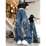 2000s fashion Jeans Women's Spring Dopamine Wear Retro Personality Love Strap Design Sense Wide Leg Straight Long Pants