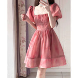 cherry blossom dress to impress Pink Square Collar Puff Sleeve Waist-Tight Dress Women's Summer New Small Slimming Tea Break Princess Temperament Skirt