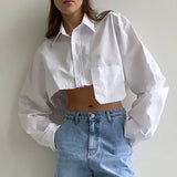 2024 fall fashion trends Asymmetric Stitching Short White Shirt 2024 Autumn New Style Navel-Exposed Fashion Casual Temperament Design Women's Clothing