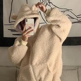 comfy school outfits Winter Thickened Cute Bear Ears Imitation Lamb Fur Age-Reducing Zipper Long Sleeve Hooded Sweater Coat Female Student Fashion