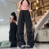 preppy Summer New American Hot Girl Loose Design Drawstring Straight Ankle-Tied Wide-Leg Overalls Mop Pants for Women