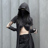 outfit inspo Hooded Two-Piece Top Women's Black Cross Long Sleeve Ultra Short Style