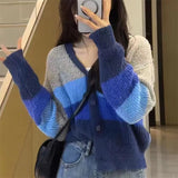 clothes V-neck Color Matching Lazy Style Knitted Cardigan for Women Spring and Autumn New Korean Style Loose All-Match Soft Glutinous Striped Sweater