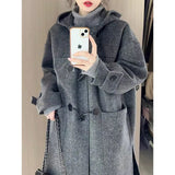 skater boy outfits Korean Style High-Grade Gray Horn Buckle Hooded Woolen Coat Mid-Length Autumn and Winter Loose Temperament Coat for Women