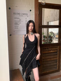 rave outfits Summer New Deconstructed Zipper Irregular Ruffled Black Halter Dress Niche Design Skirt