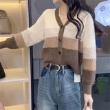 clothes V-neck Color Matching Lazy Style Knitted Cardigan for Women Spring and Autumn New Korean Style Loose All-Match Soft Glutinous Striped Sweater