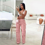 outfit inspo 2024 Women's Tooling Pu Imitation Leather Pocket High Waist Loose Straight Casual Trousers