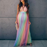 colors of the rainbow dress to impress Spring and Summer New Pregnant Mother Pregnant Women Large Swing Mesh Rainbow Printing Dress