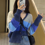 clothes V-neck Color Matching Lazy Style Knitted Cardigan for Women Spring and Autumn New Korean Style Loose All-Match Soft Glutinous Striped Sweater