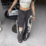 skater boy outfits American-Style Street Lace-up Ripped Lace-up Jeans Women's Niche Straight Pants Loose Wide-Leg Mop Pants