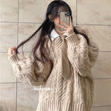 college outfits Lazy Style Retro Thickened V-neck Loose Gray Twist Sweater Female Students Autumn and Winter Korean Style All-Match Sweater Fashion