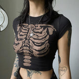 90s streetwear American Retro Dark Style round Neck Skeleton Printed Slim High Waist Navel Women's T-shirt