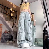 skater boy outfits Multi-Pocket American Wide Leg Loose Casual Denim Wide Leg Pants Women's Low Waist Straight Hiphop Pants Trendy