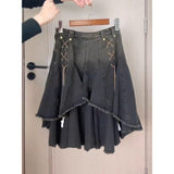 grunge outfits Retro Design Frayed Skirt Denim Women's Skirt 2024 Summer New American Hot Girl High Waist Asymmetric Skirt