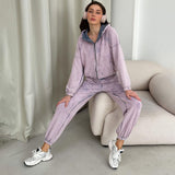 comfy school outfits Women's Double Waist Loose Sweatpants Two-Piece Suit High-Grade Washed Distressed Zipper Hooded Sweater Suit