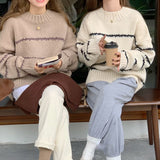 outfit ideas for school Retro Japanese Style Lazy Loose Sweater Women's Thickened Autumn and Winter 2024 New Long Sleeve Striped Half Turtleneck Sweater