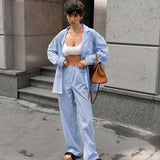 outfit inspo Fall 2024 Blue Striped Long-Sleeved Trousers Women's Home Wear Comfortable Casual Pajamas Two-Piece Set