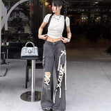 skater boy outfits American-Style Street Lace-up Ripped Lace-up Jeans Women's Niche Straight Pants Loose Wide-Leg Mop Pants