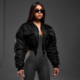 bomber jacket Women's Hot Winter New Solid Color Zipper Long Sleeve Warm Short Cotton Jacket Top