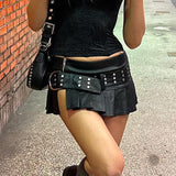 2000s fashion Punk Hot Girl Rivet Belt Split Leather Skirt Fashion Street Sexy Low Waist A- line Pleated Skirt