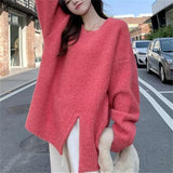 fall outfits aesthetic Lazy Style round Neck Split Autumn and Winter New Soft Nuo Sweater Simple Loose All-Match Outer Sweater Women's Clothing