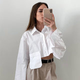 2024 fall fashion trends Asymmetric Stitching Short White Shirt 2024 Autumn New Style Navel-Exposed Fashion Casual Temperament Design Women's Clothing