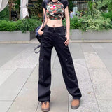 outfit inspo Retro Black Workwear Jeans Women's Summer Straight Wide-Leg Trousers Niche Multi-Pocket Washed Mop Pants Fashion