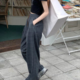 masc outfits 2024 Summer New Women's Retro Loose Slimming Straight Mop Plaid Casual Pants for Women