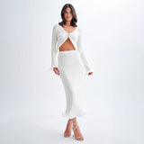 Anokhinaliza Elegant Knitted Skirt Suits For Women Fungus Cut Out Sexy Cardigan Top Long Slim Skirt Beach Holiday Lady Two Piece Set