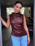 Anokhinaliza New  Fashion PU Leather Tank Top T-shirts Women 2024 Elegant Stand Collar Sleeveless Folds Irregular Tee Shirt Zip-up Tops Black