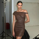 Anokhinaliza Brown Leather Mini Dress Women Fashion One Shoulder Ruched Bodycon Dress Summer Sexy Sleeveless Night Club Party Dress