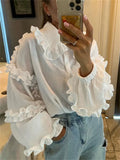 Anokhinaliza Ruffle Loose Women Shirts 2024 Cotton Long Sleeve Elegant White Tshirt Ladies Street Casual Holiday Baggy Cover Up Female