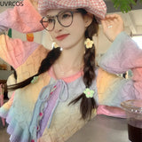 Anokhinaliza Harajuku Y2k Rainbow Knitted Cardigan Women Kawaii Lace-up Hplloow Out Ruffle Flare Long Sleeve Sweater Coat Casual Knitwear Top