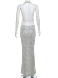 Anokhinaliza Luxury Women Halter Neck Backless Sequins Shiny Formal Dress 2024 Elegant Sleeveless Slim Long Maxi Silver Evening Party Dresses