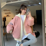 Anokhinaliza Autumn And Winter New Korean Fake Two Pieces Lamb Wool Plus Size Loose Hooded Sweater Female Y2k Retro Fashion Casual Loose Coat