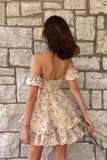 Anokhinaliza Off Shoulder Evening Dress Short Sleeves Beading A-Line Simple Tulle Backeless Mini Skirt Handmade