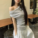 Anokhinaliza Skew Collar Strapless Sexy Slim Short-sleeved T-shirt Women 2024 Summer New High Street Contrast Color Striped Casual Tops