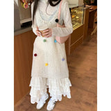 Anokhinaliza 2024 Spring New Streetwear Pleated Loose Lace Pants Women + Colorful Cotton Ball Hollow Knitted Dress + T-Shirt Three-Piece Suit