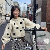 Anokhinaliza French Retro Polka Dot Lantern Sleeve Sweater for Women Autumn/Winter New Korean Chic O-Neck Loose Casual Pulovers Women Tops