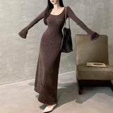 Anokhinaliza Vintage Solid Color All Match Elegant Long-sleeved Dress Women Autumn New Korean Sexy Slim Draped Knitted Mid-length Dress