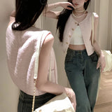 Anokhinaliza Vintage Single-breasted Loose Casual Sweet Tank Tops Women 2024 Summer New Korean O-neck Solid Color All Match Tweed Crop Tops