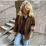 Anokhinaliza Casual Brown Lapel Pocket Suede Leather Jacket Fashion Woman Single Button Long Sleeve Crop Coat Lady Autumn Street Outwear