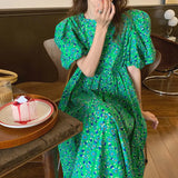 Anokhinaliza Korean Version Retro Square Neck Green Print Bubble Sleeve Ruffle Hem Loose Waist Flower Dress For Women
