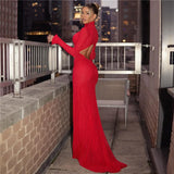 Anokhinaliza Sexy Cut Out Backless Red Party Dress Women Elegant Luxury Turtleneck Long Sleeve Maxi Dresses Evening Gown