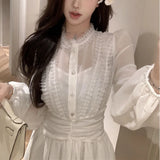 Anokhinaliza 2024 Spring New Korean Pleated Solid Color Casual Chiffon Long-sleeved A-line Dress Women + Sexy Slim Camisole Two-piece Suit