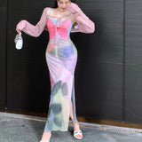 Anokhinaliza Autumn New Korean Butterfly Tie-Dye Mesh Elegant Party Dress + Lace-up Casual Knitted Long-sleeved Cardigan Two-piece Suit