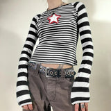 Anokhinaliza 90s Vintage E-girl Emo Clothes Striped long sleeved T-shirt Y2K Grunge Knitted Autumn Tees Harajuku stars graphical Tee Streetwe