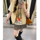 Anokhinaliza Autumn Fleece Vest Tops for Women Beige Sexy Lace Up Cropoed Top Warm Lambswool Vest Fashion and Chic Blouse